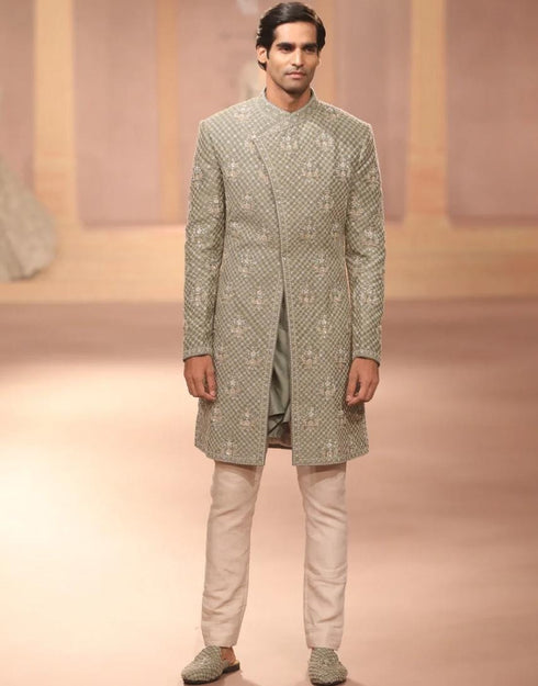 Mint Raw Silk Sherwani Set